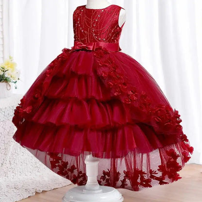 2025 New Year Christmas Party Embroidered Sticker Tailcoat Flower Girl Birthday Party 3-12 Year Sequin Holy Feast Tailcoat