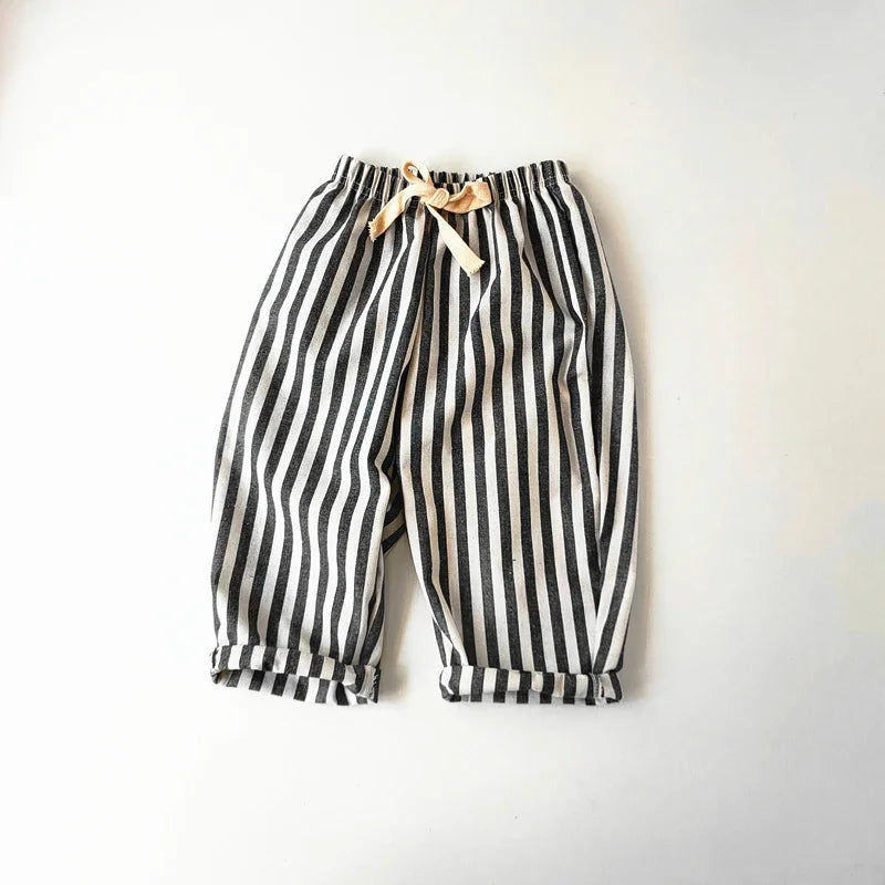 Spring Summer Boys Striped Loose Pants Baby Girl Vintage Casual Linen Cotton Harlan Pants Kids Lace-up Pant Children Clothing
