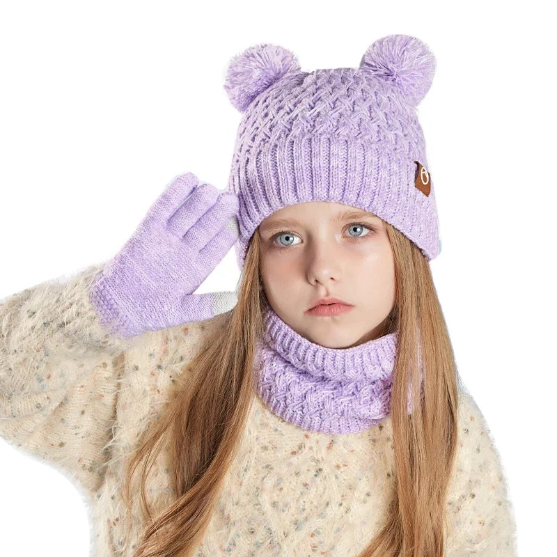 New Children Hats Scarf Gloves Set Cute Bear Colorful Knitted Hat Plus Velvet Warm Hoods Caps for Girls Baby Outdoor Accessories