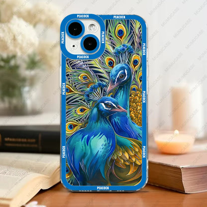 Case For iPhone 16 15 14 13 Pro Max 12 Mini 11 XS X XR SE 7 8 Plus Soft Cover Peacock Pattern