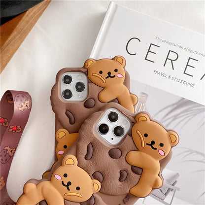 Cute Cartoon Cookie Bear Lanyard Phone Case For iPhone 16 15 14 13 12 11 Pro Max X XR XS 6 7 8 Plus Shockproof Protective Cover