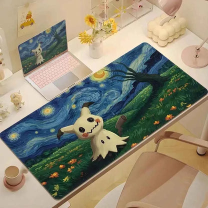 Cute Psyduck Gaming Leather Mouse Pad PC Pikachu Large Size Gamer Keyboard Pokemon Desktop Mouse Mat Starry Night Tablecloth