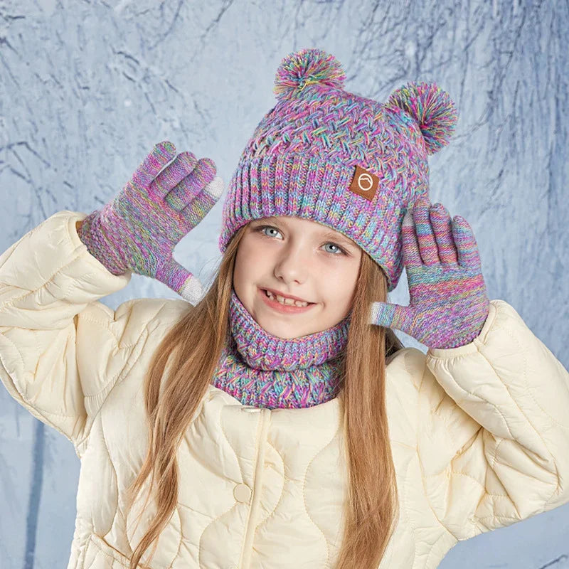 New Children Hats Scarf Gloves Set Cute Bear Colorful Knitted Hat Plus Velvet Warm Hoods Caps for Girls Baby Outdoor Accessories