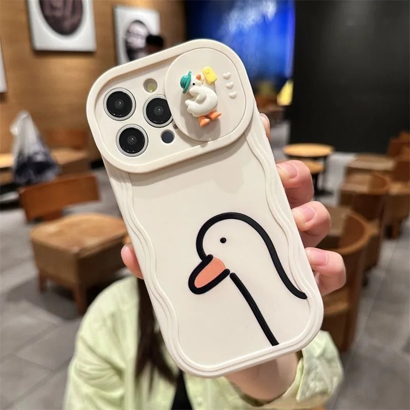 3D Ears Panda Funny Duck Cartoon Sliding Camera Case for iPhone 16 Pro Max 14 Plus 15 X XS XR 7 11 12 13 SE2 3 Wave Phone Capa