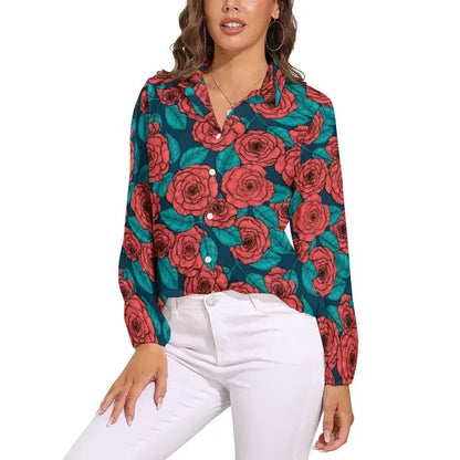 Red Roses Blouse Ladies Shirts Floral Print Retro Pattern Blouses Woman Casual Loose Shirts Spring Summer Long Sleeve Blouses