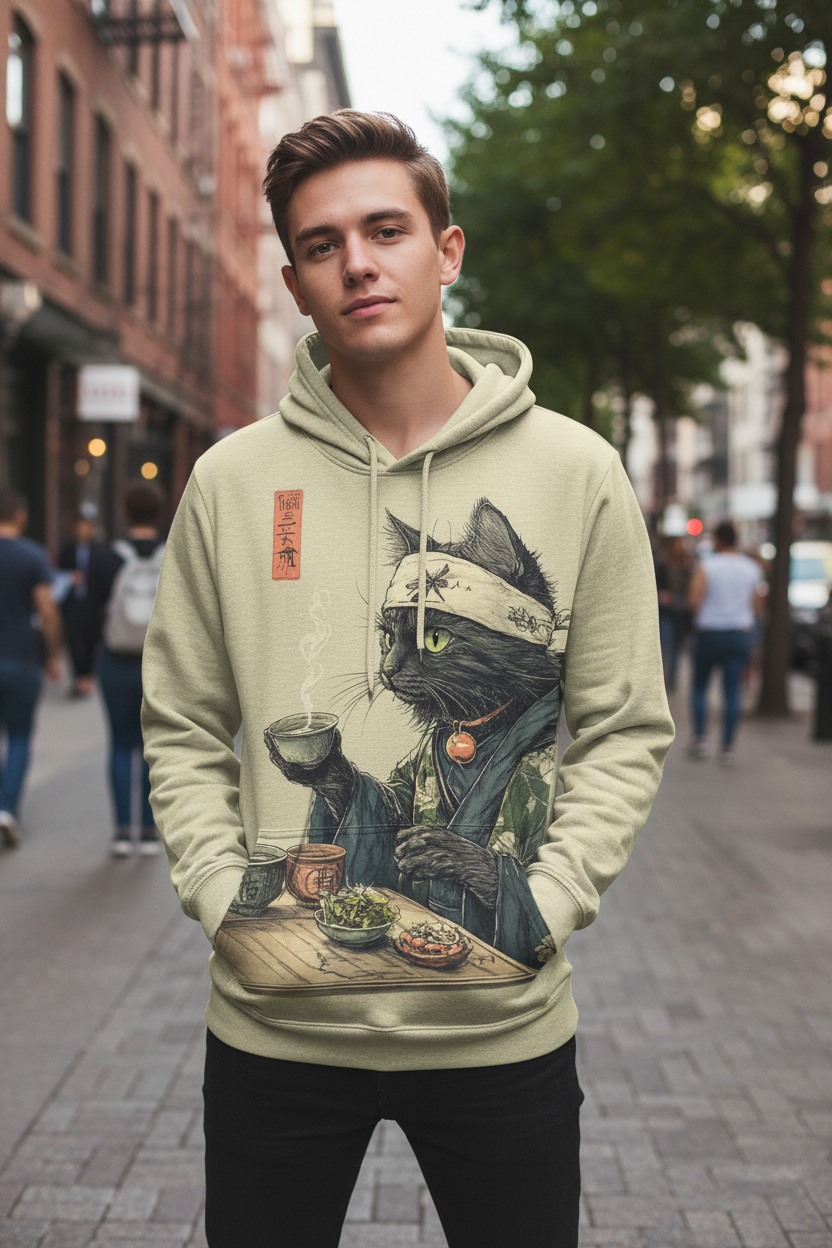 A young man standing on a city street wearing a light sage green hoodie with a large graphic print of a black cat dressed in a samurai outfit holding a bowl of tea. The background shows a blurred urban street scene with buildings and pedestrians.