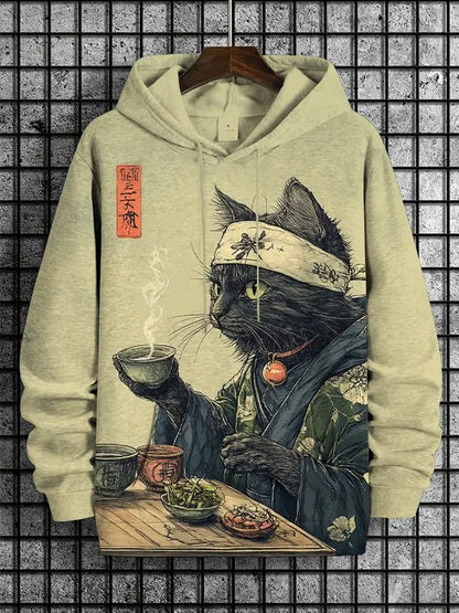 Hoodie with a cat design holding a cup on a checkered background