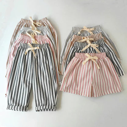 Spring Summer Boys Striped Loose Pants Baby Girl Vintage Casual Linen Cotton Harlan Pants Kids Lace-up Pant Children Clothing