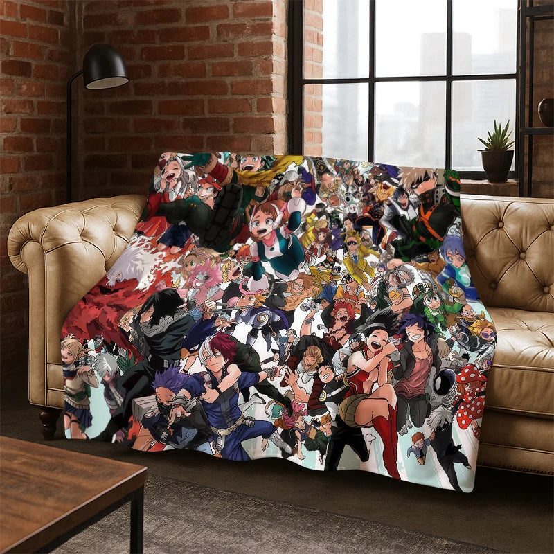 A fleece throw blanket featuring a dense collage of anime characters, draped over a tan leather tufted sofa in a modern living room setting with a brick wall and window.