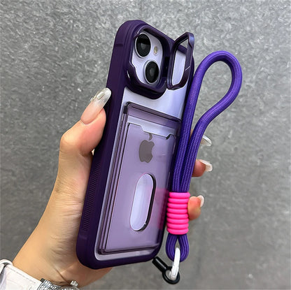 Acrylic Card Holder Fold Camera Bracket Clear Case for iPhone 16 15 14 13 12 11 Pro Max Plus Wrist Hand Strap Shockproof Cover