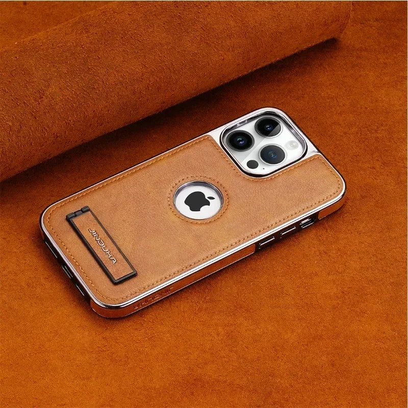 Invisible Fold Stand Phone Case with Electroplated Bezel for iPhone 16 15 14 Plus 13 12 11 Pro Max Ultra Thin PU Leather Cover