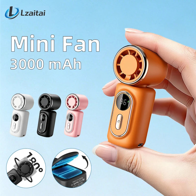 Orange mini fan with digital display held by a hand, with other colors and features shown below on a blue background.
