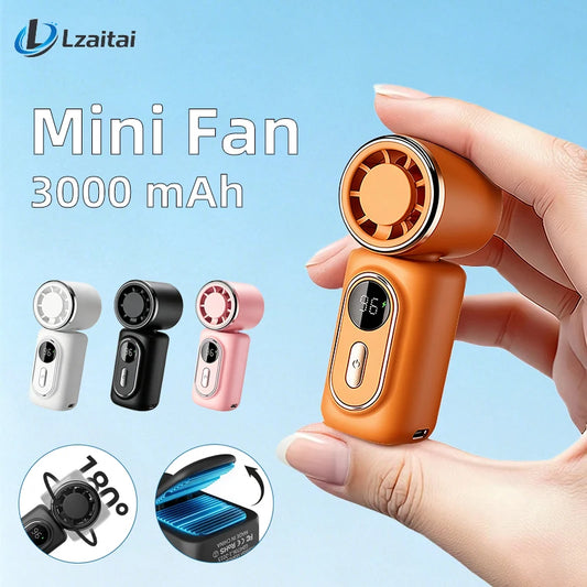 Orange mini fan with digital display held by a hand, with other colors and features shown below on a blue background.