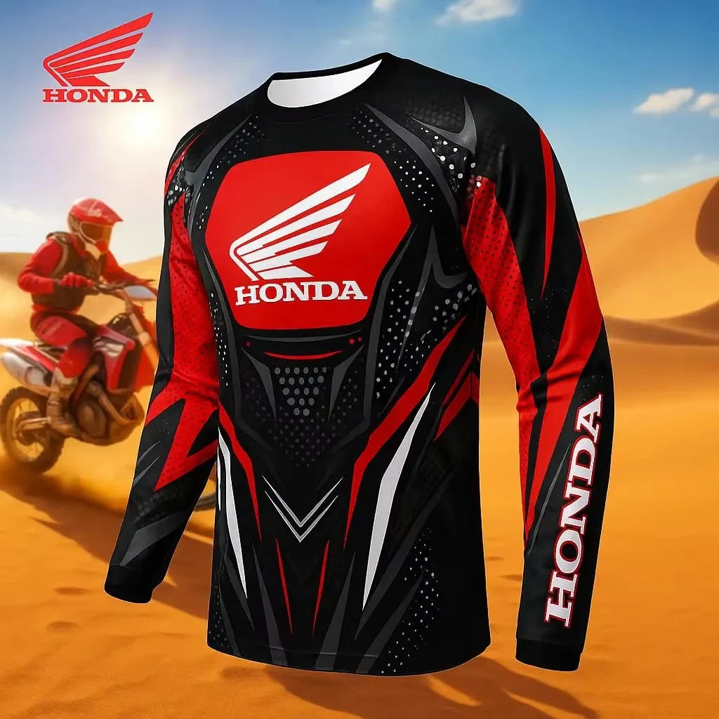Honda motocross jersey with a rider on a dirt bike in the background