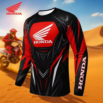 Honda motocross jersey with a rider on a dirt bike in the background