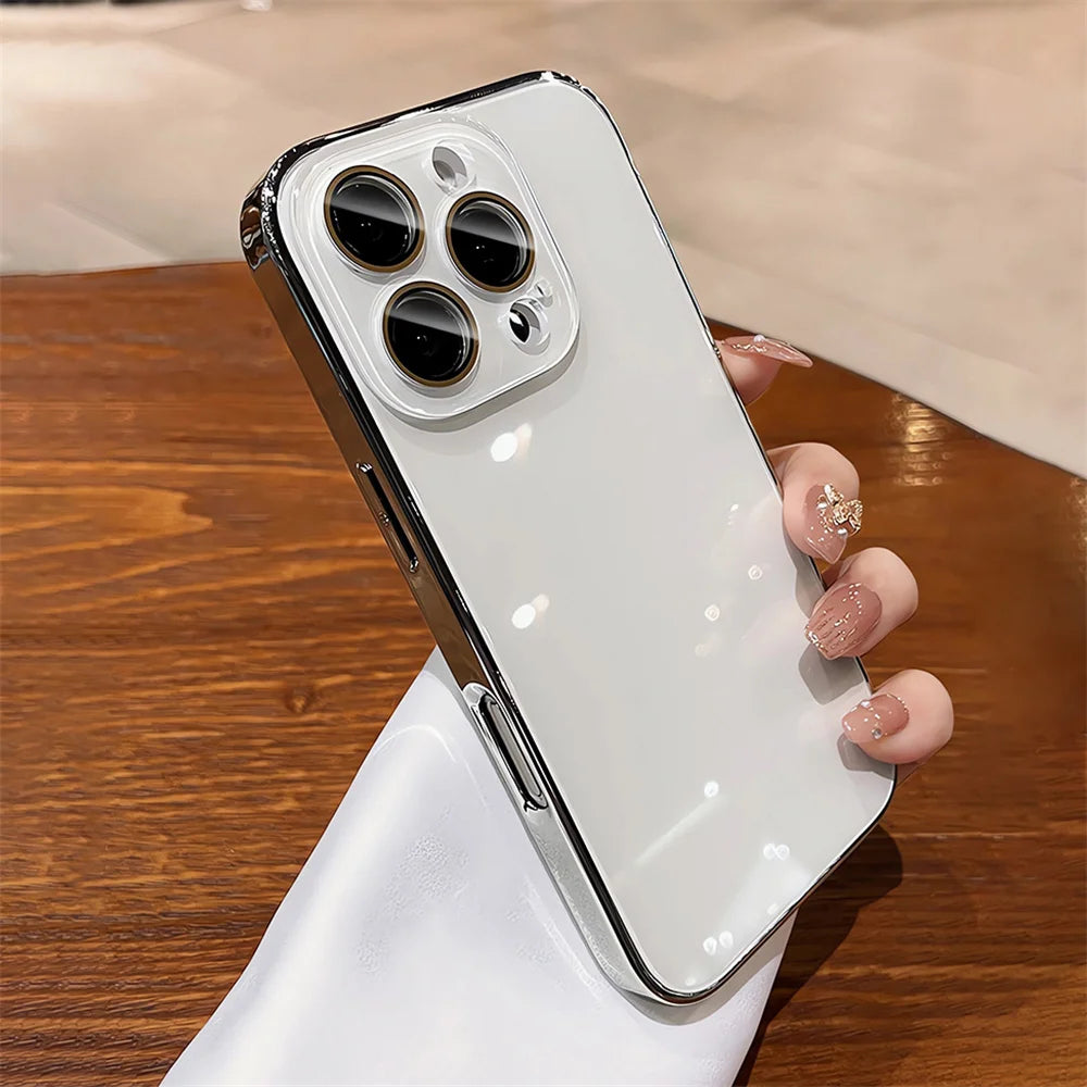 Luxury Plating Bumper Armor Glossy Phone Case For iPhone 15 16 Pro Max 14 13 12 11 Crystal Glass Full Lens Protection Back Cover