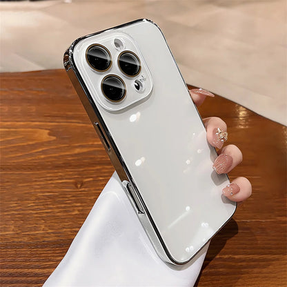 Luxury Plating Bumper Armor Glossy Phone Case For iPhone 15 16 Pro Max 14 13 12 11 Crystal Glass Full Lens Protection Back Cover