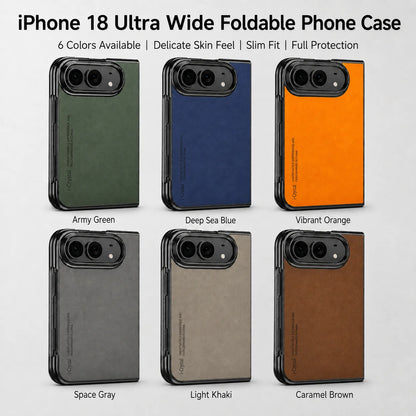Six iPhone 18 Ultra wide foldable phone cases shown in different colors: Army Green, Deep Sea Blue, Vibrant Orange, Space Gray, Light Khaki, and Caramel Brown. The image features a clean layout with text labels and a light gray background.