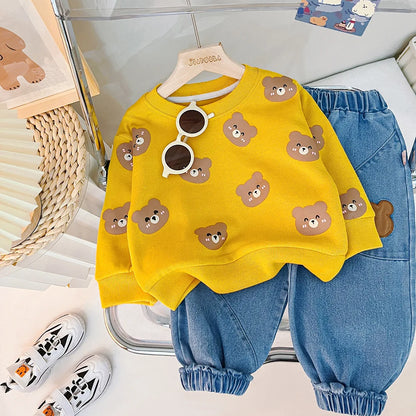 Baby Girl Clothing Set Boy Tracksuit Spring Autumn Child T-shirt Jeans 2pcs Suit Cartoon Bear Infant Sportswear