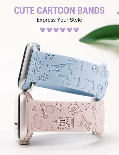 Mickeyyy Engraved Band Strap for Apple Watch Band 44mm 40mm 45mm 41mm 38mm 42mm Silicone Solo Loop Bracelet iWatch 9 8 Ultra 7 6 5 3 2 se