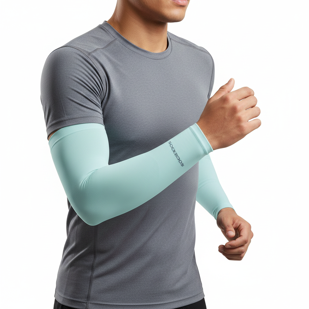 A man wearing a gray short-sleeve athletic shirt and a light mint green long-sleeve compression arm sleeve with 'TIGERARM' printed on the forearm, set against a plain white background.