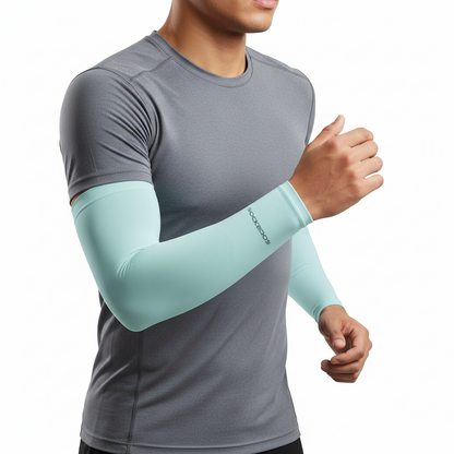 A man wearing a gray short-sleeve athletic shirt and a light mint green long-sleeve compression arm sleeve with 'TIGERARM' printed on the forearm, set against a plain white background.
