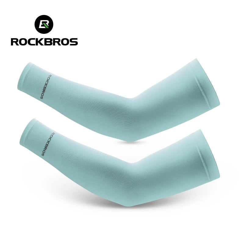 Light blue arm sleeves with 'RockBros' branding on a white background