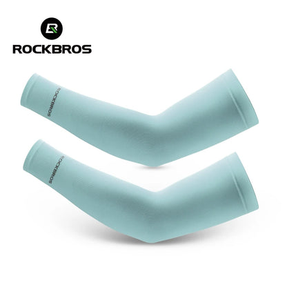 Light blue arm sleeves with 'RockBros' branding on a white background