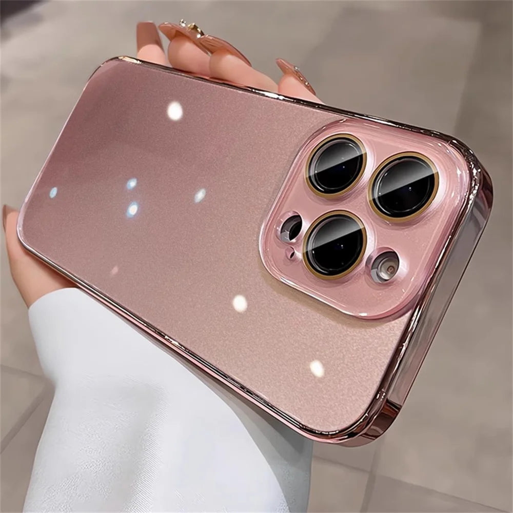 Luxury Plating Bumper Armor Glossy Phone Case For iPhone 15 16 Pro Max 14 13 12 11 Crystal Glass Full Lens Protection Back Cover