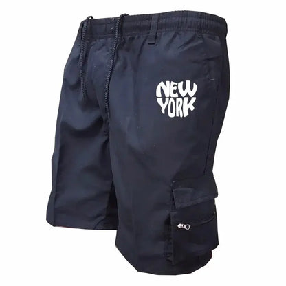 Men New York Print Short Shorts Loose Beach Cargo Shorts and Hiking Shorts Overalls Men's Bottoms Drawstring Trousers