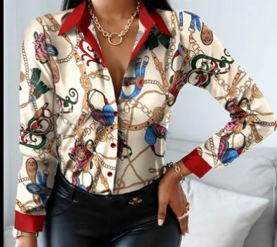 Elegant Women's Fashion Blouse 2025 Spring/Summer Digital Print Shirt Commuter Slim Fit Office Female Blusas Chemise Femme S-3XL