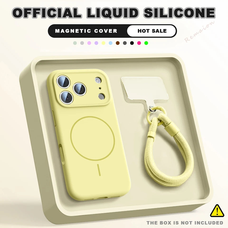 A pale yellow magnetic phone case with a matching wrist strap, presented in a beige tray. The image includes promotional text overlays reading 'OFFICIAL LIQUID SILICONE', 'MAGNETIC COVER', and 'HOT SALE'.