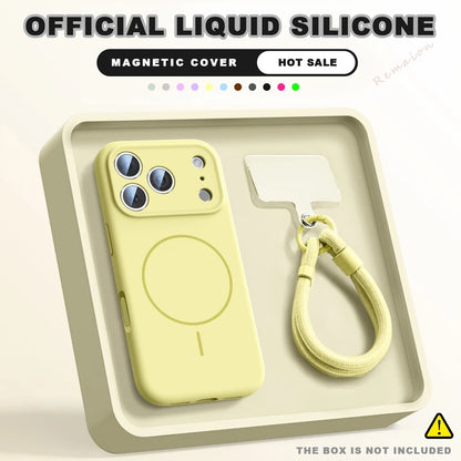 A pale yellow magnetic phone case with a matching wrist strap, presented in a beige tray. The image includes promotional text overlays reading 'OFFICIAL LIQUID SILICONE', 'MAGNETIC COVER', and 'HOT SALE'.