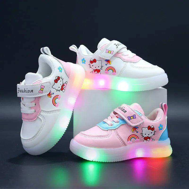 LED Kids Shoes for Girls Cute Cartoon Helloo Kitty Shoes Baby Girl Kawaii Canvas Shoes Soft Bottom Sneakers Casual Shoes