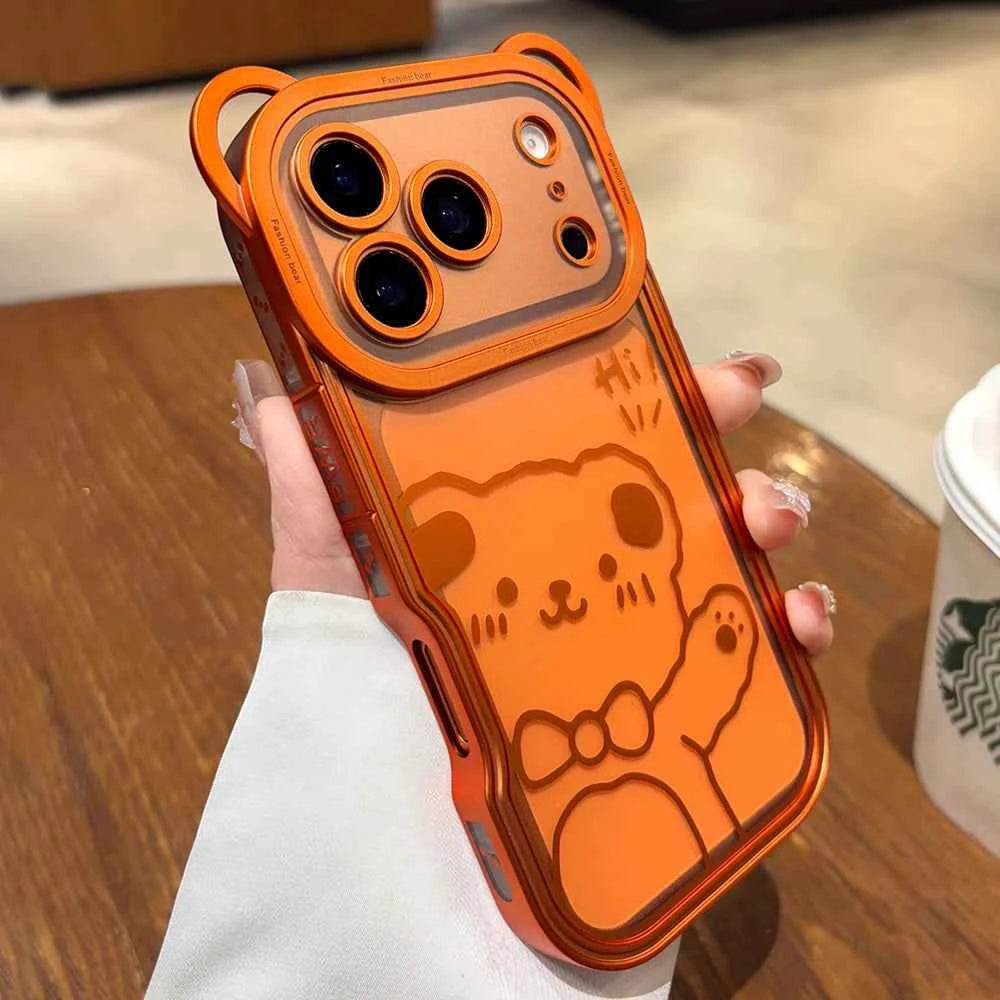 Orange Cute Bear Ear Plating Transparent Long Lanyard Case For iPhone 17 Pro Max 17Pro 17 Air Clear Soft TPU Shockproof Cover