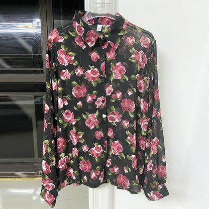 chemisier Flower Print Shirts Women Chiffon Blouse Spring Long Sleeve Sheer Thin Shirt Sunscreen Clothes Tops Blusas Para Mujer