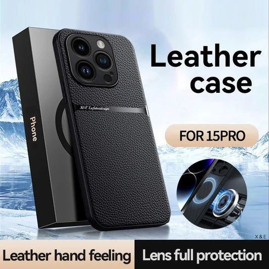 For iPhone15 Pro Max Luxury Leather Cover For iPhone 14 13 12 11 Plus Car Holder Case Magnetic Silicone Shockproof