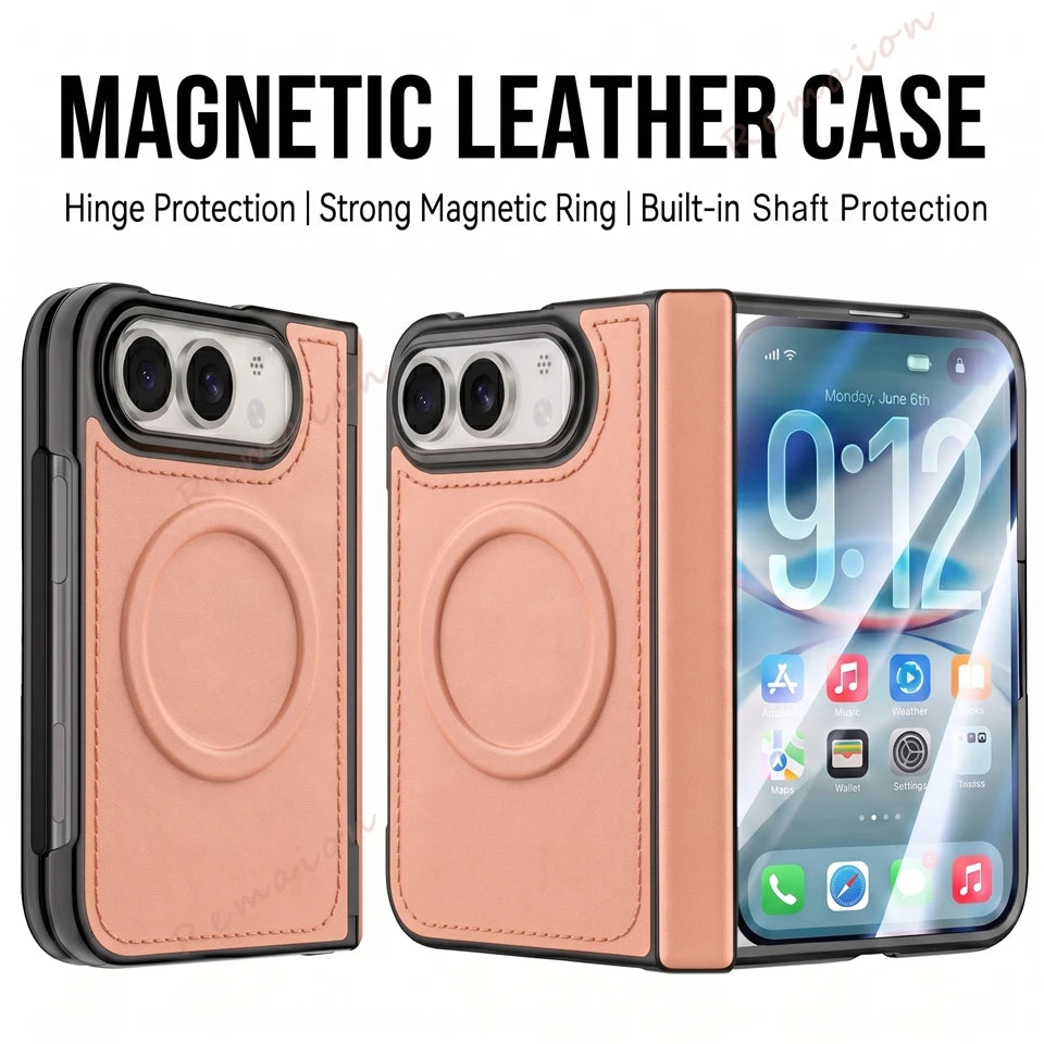 A peach-colored magnetic leather phone case shown from three angles: back view, side profile, and mounted on a smartphone. The image includes text at the top reading 'MAGNETIC LEATHER CASE' and 'Hinge Protection | Strong Magnetic Ring | Built-in Shaft Protection'.