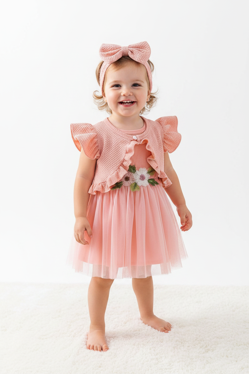 Child wearing a pink dress with ruffles and a matching headband on a white background
