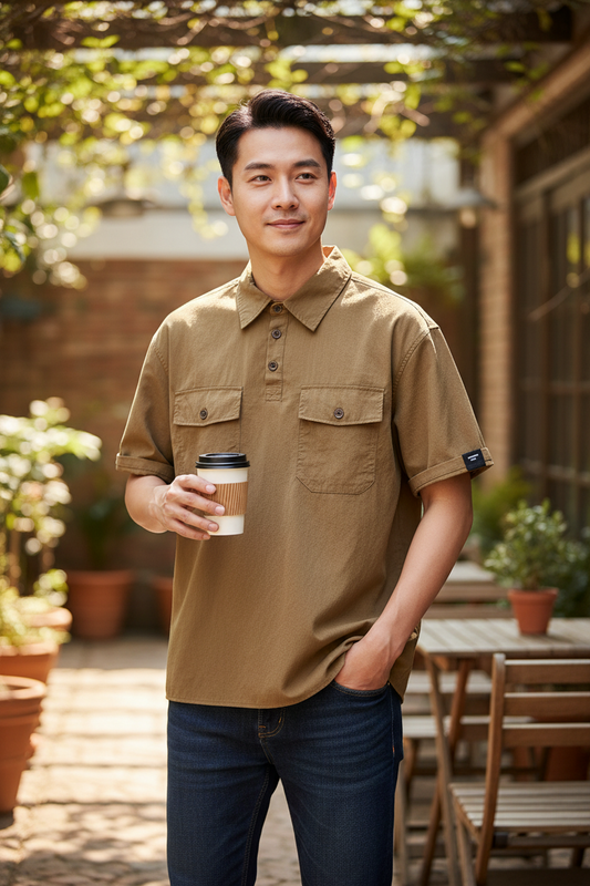 Summer Ice Silk American High-end Workwear Short-sleeved Shirt Men’s Gray British Trendy Retro Loose T-shirt Polo Shirt