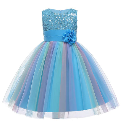 2025 Sequins Girls Dress Summer Flower Fashion Rainbow Mesh Little Princess Dresses For Piano Performance Costume Kids Clothes