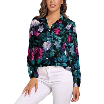 Red Roses Blouse Ladies Shirts Floral Print Retro Pattern Blouses Woman Casual Loose Shirts Spring Summer Long Sleeve Blouses