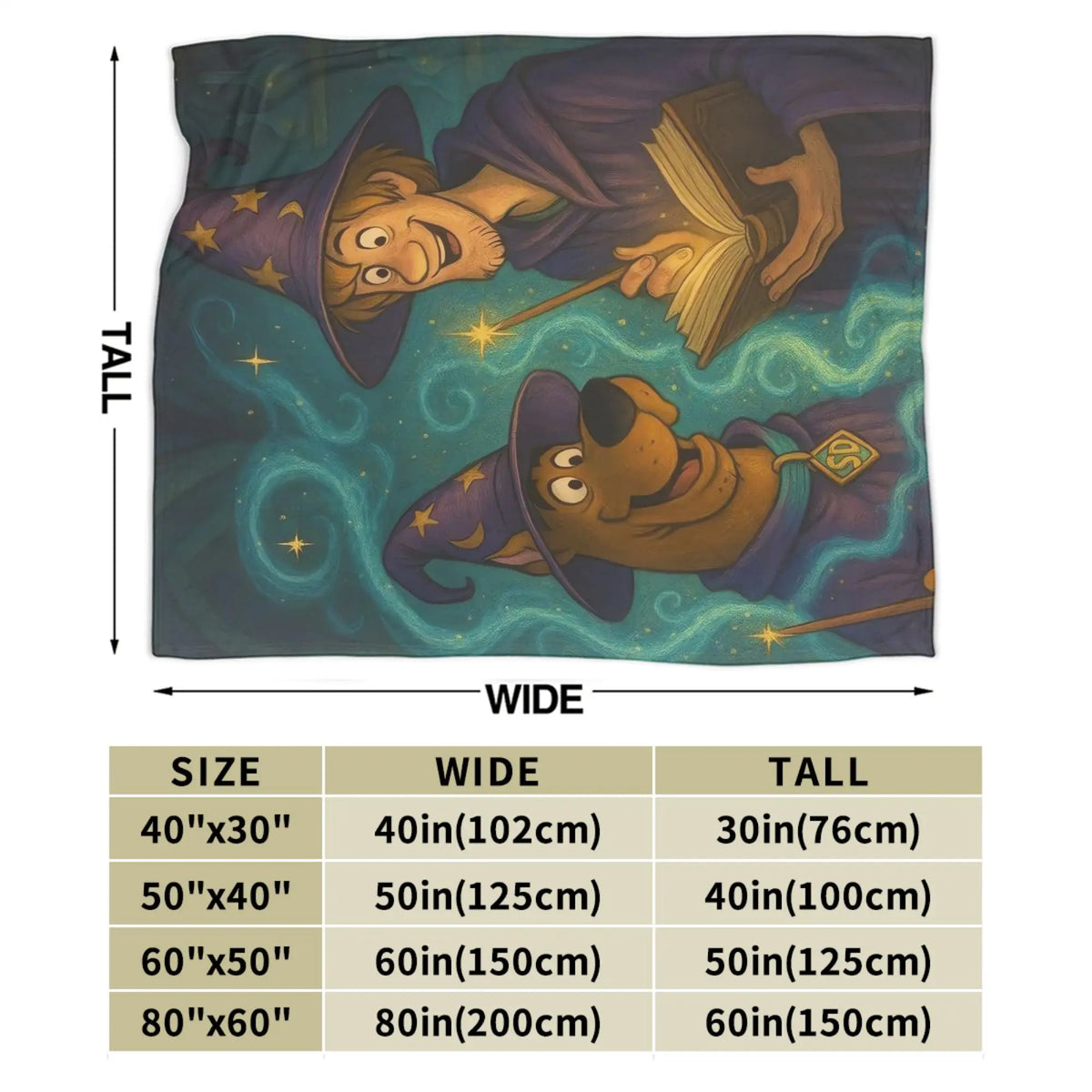 A printed blanket or throw featuring an illustrated wizard and a dog in starry teal and purple space, shown with measurement arrows labeled TALL and WIDE above a size chart table.
