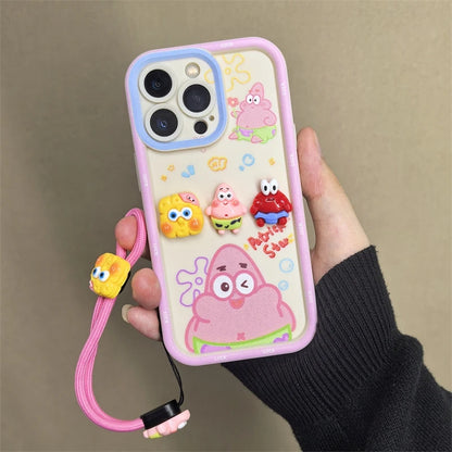 For iPhone 16 promax 15 14 13 Plus 12 Pro Max 11 16e Phone Case Cute Cartoon SpongeBob Patrick Star Cases Wristband Strap Cover