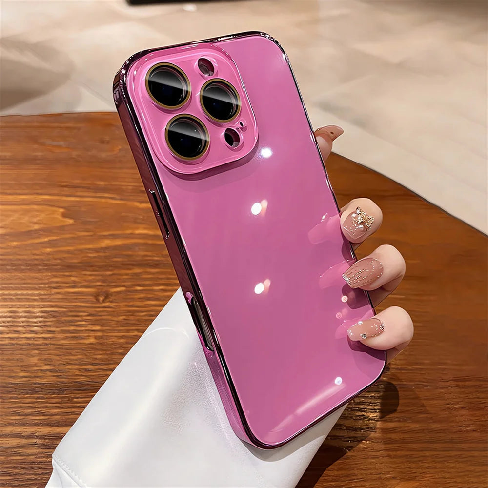 Luxury Plating Bumper Armor Glossy Phone Case For iPhone 15 16 Pro Max 14 13 12 11 Crystal Glass Full Lens Protection Back Cover