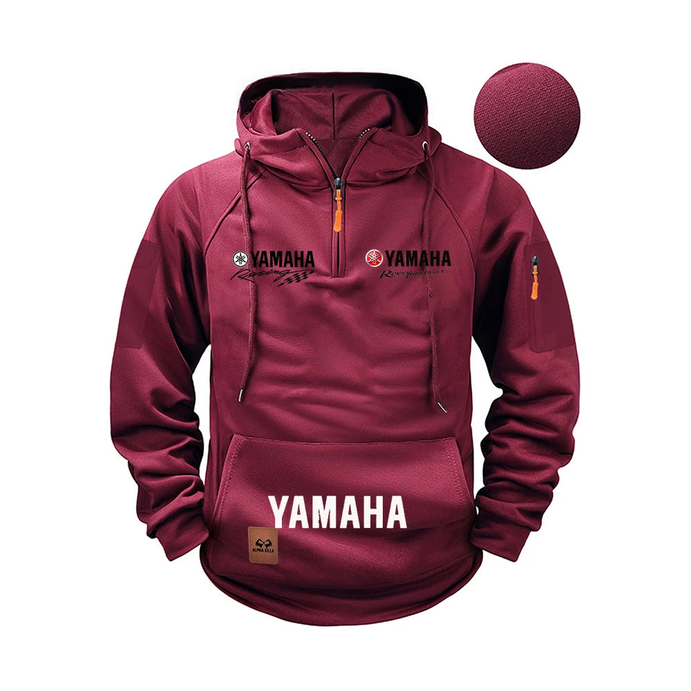 Maroon hoodie with Yamaha branding on a white background