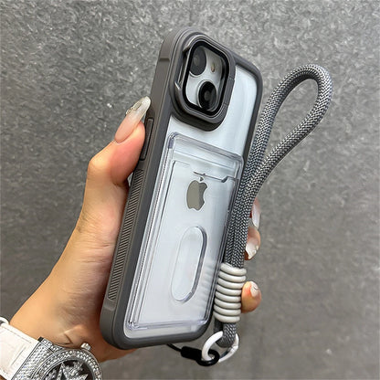 Acrylic Card Holder Fold Camera Bracket Clear Case for iPhone 16 15 14 13 12 11 Pro Max Plus Wrist Hand Strap Shockproof Cover