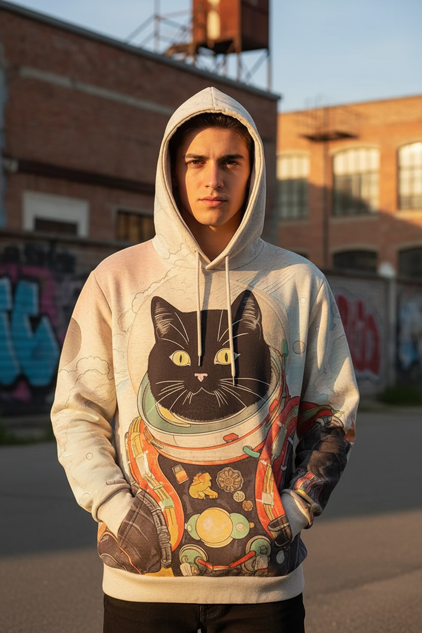 A young man wearing a light beige hoodie with a large graphic print of a black cat in a space suit, standing in an outdoor urban setting with brick buildings and graffiti in the background.
