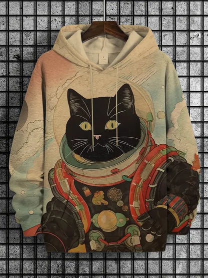 Hoodie with a black cat in an astronaut suit design on a textured background