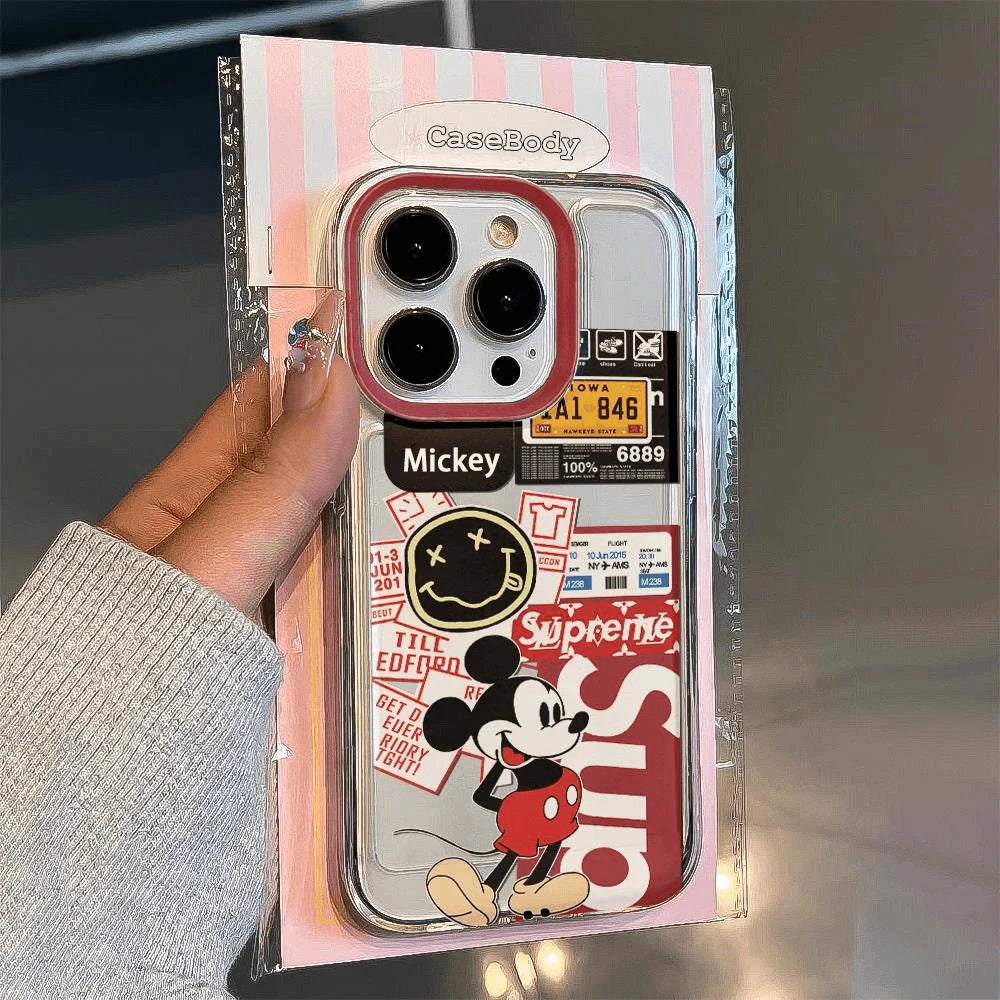 Cartoon Sticker Mickeyy Cute Phone Case For iPhone 15 14 13 12 11 Pro Max XR XS 7 8 Plus Soft Anti Drop Silicone Cover Y2k